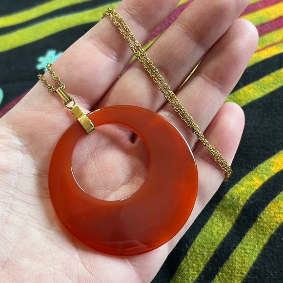 Vintage Jewelry - VTG 90’s Boho Red Carnelian Round Disc 1/20 Gold Filled Necklace